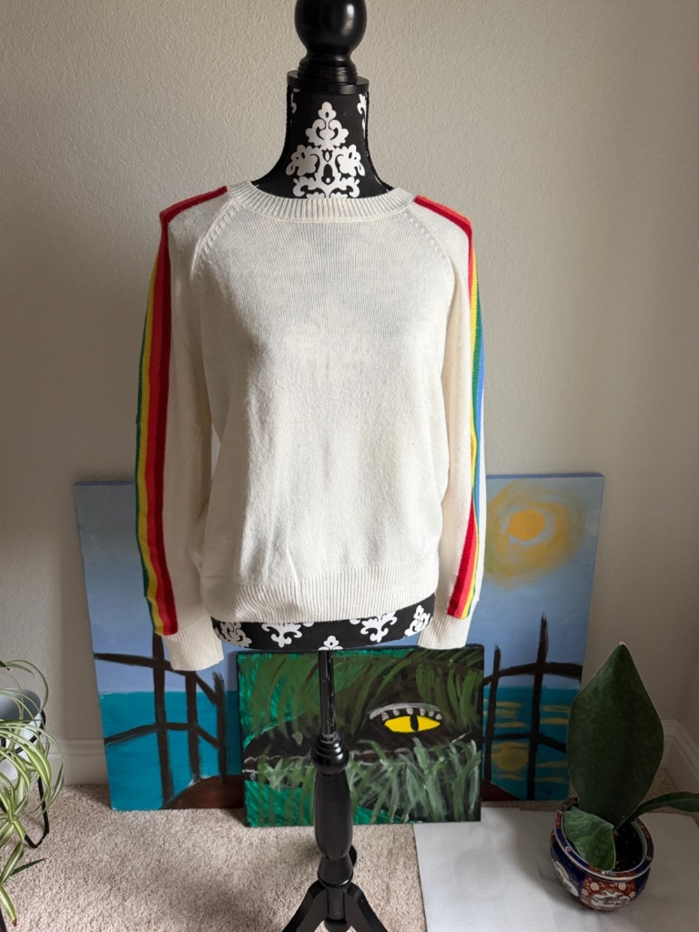 Slate & Willow Cream Crewneck Sweater with Rainbow Sleeve Stripes